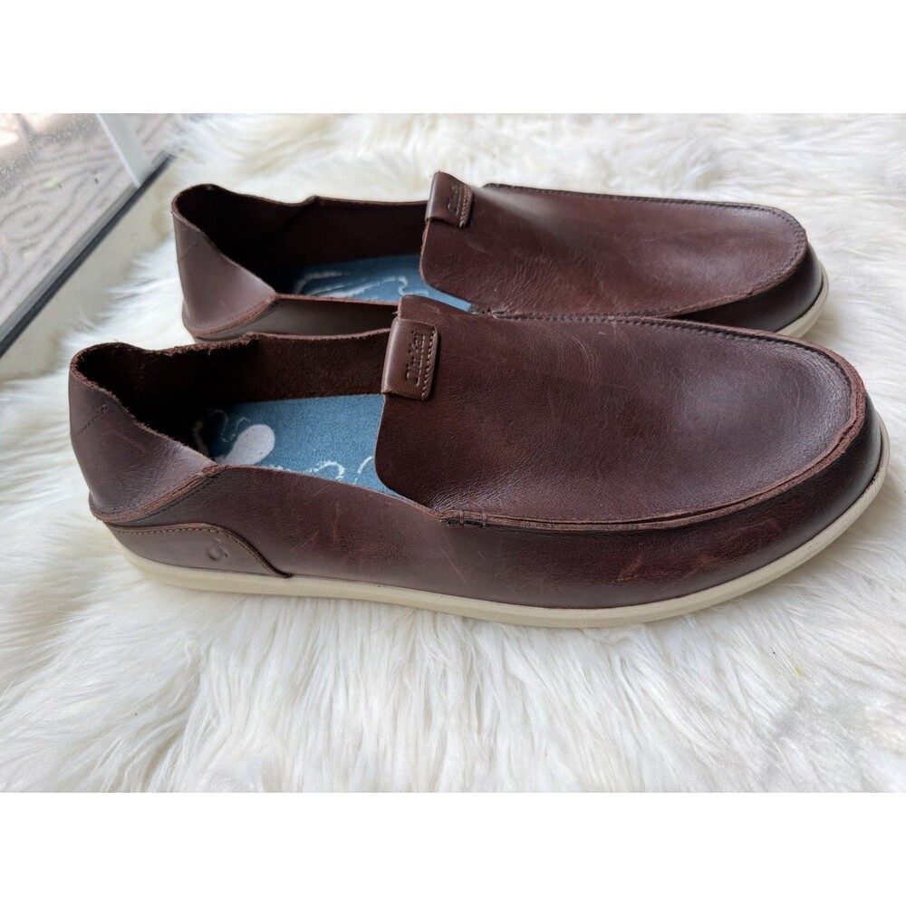 OluKai NaluKai Slip-On Men’s Brown Leather Comfort Shoes Round Toe US 14